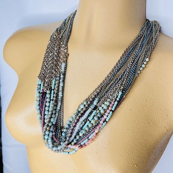 Stella & Dot Mae Statement Necklace Mesh Multi Strand Stone Silver RV$129 4765 - Picture 5 of 10